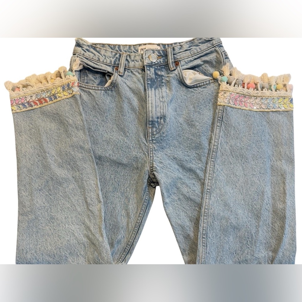 Zara Light Blue Straight Leg Jeans with Colorful Trim